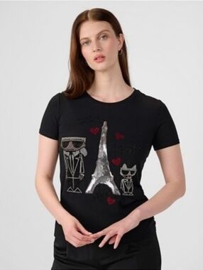 Karl Lagerfeld Paris Embellished Tee - Karl & Choupette Eiffel Tower - XS - #214